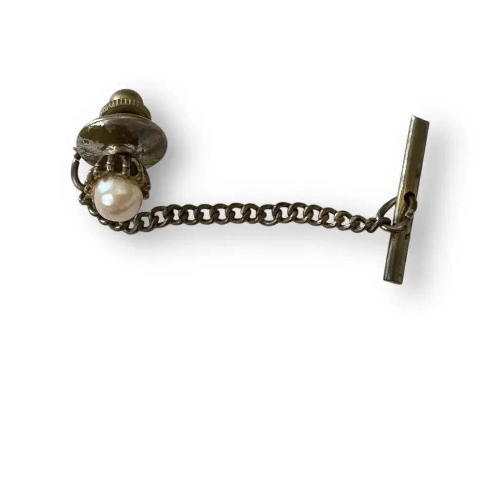 Vintage Bronze Tone Cream Pearl Brutalist Tie Tack/Pin 1950s w Chain and Bar